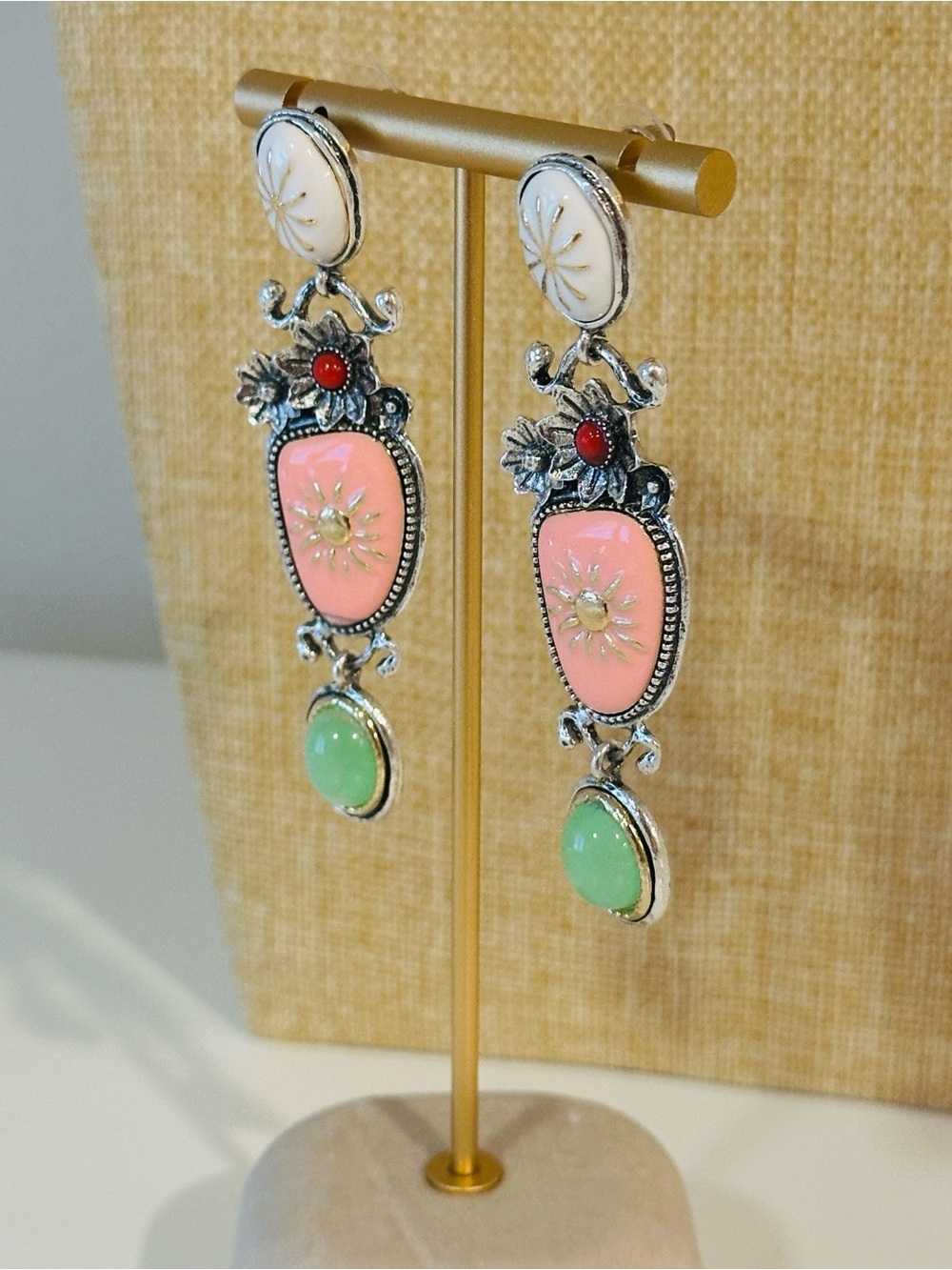 Fashion Jewelry Pink, Green and Red Dangle Earrings with Silver Accents